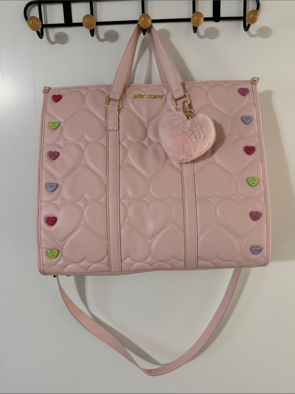 Betsey Johnson Pale Pink Quilted Heart Tote with Fuzzy Heart Charm